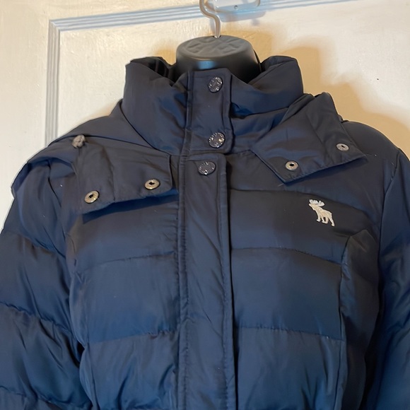 Abercrombie & Fitch Navy Blue Belted Hooded Down Puffer Jacket Size L - Picture 5 of 16